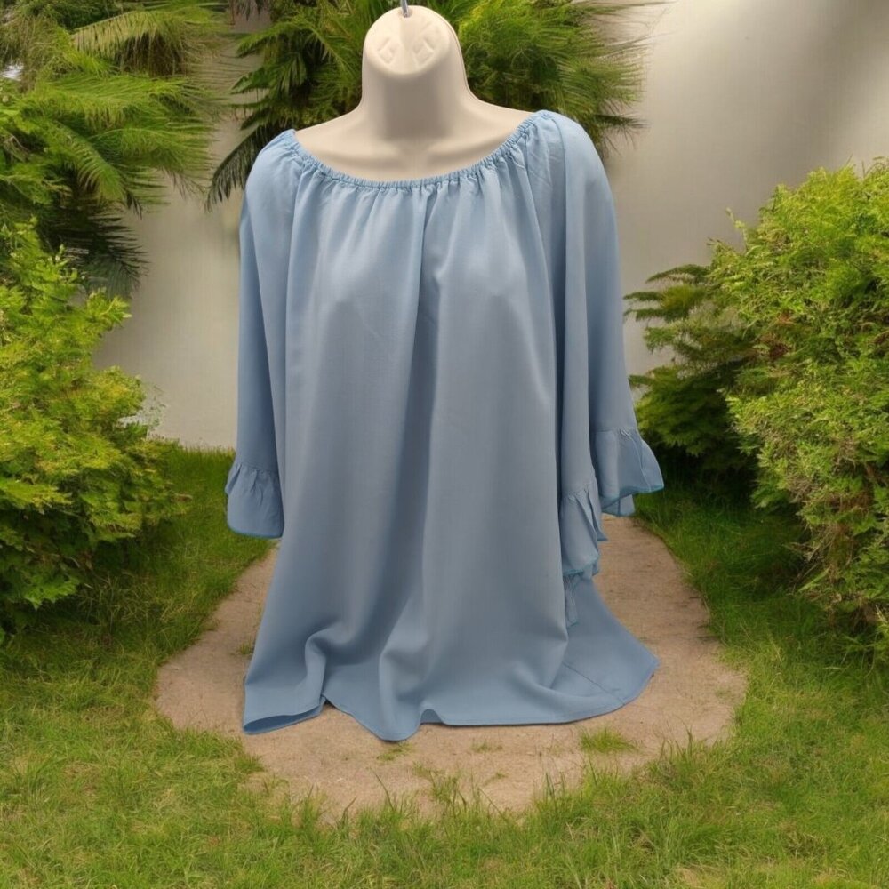 Curations Caravan Size 1X Ladies Round Neck 3/4 Length Ruffled Sleeve Blue Top